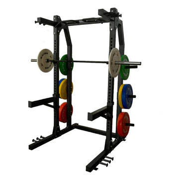 Half Rack package with bench, barbell, bumpers and collars