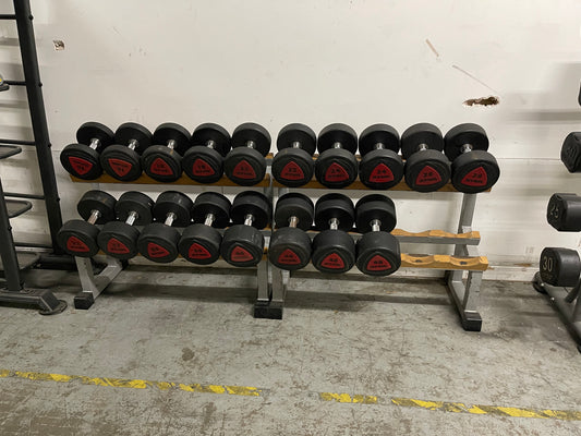 Ziva Polyurathane Dumbbells + Racks